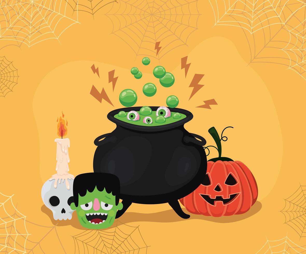 Halloween pumpkin and witch cauldron with spiderwebs frame vector design