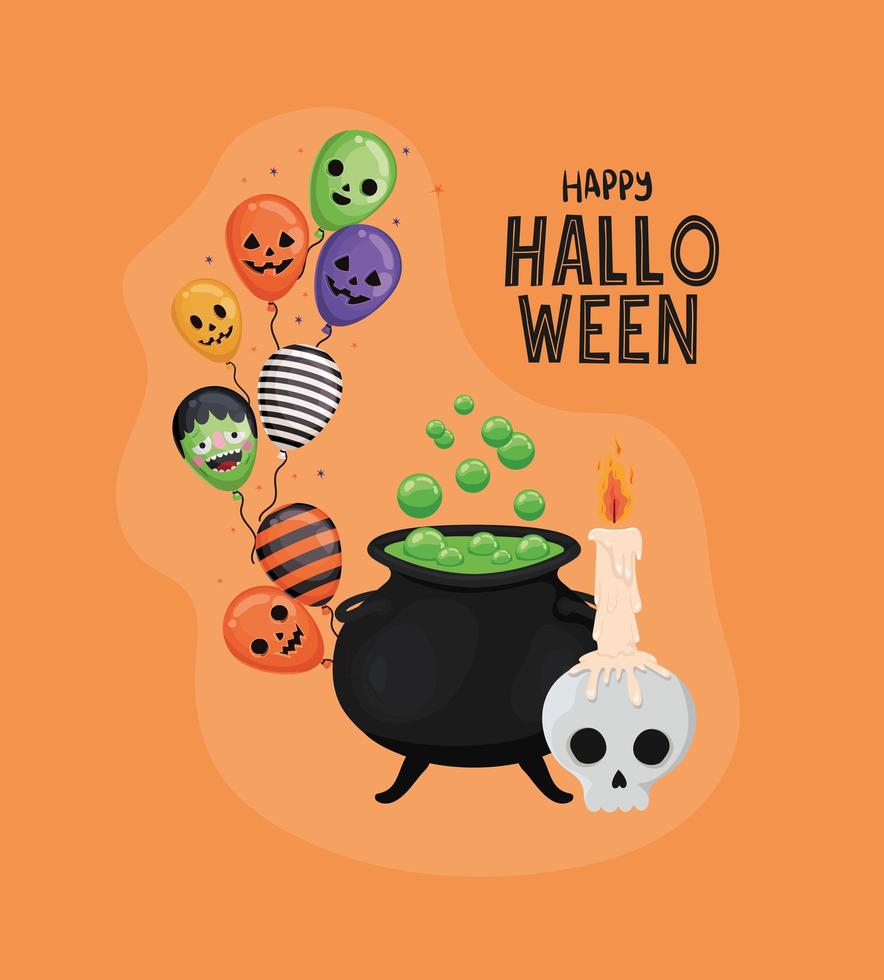 Calavera de Halloween con vela bruja cuenco y globos diseño vectorial vector