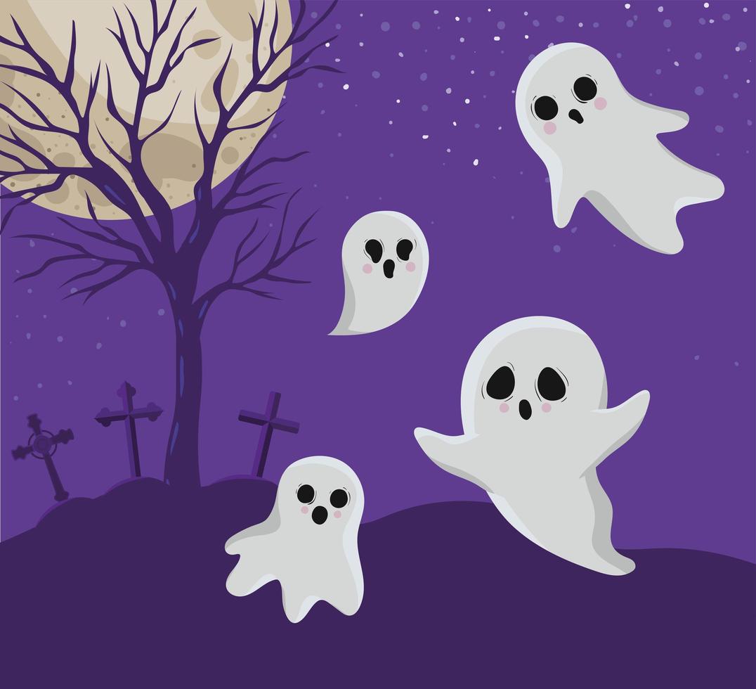 Halloween ghosts in front of cemetery vector design