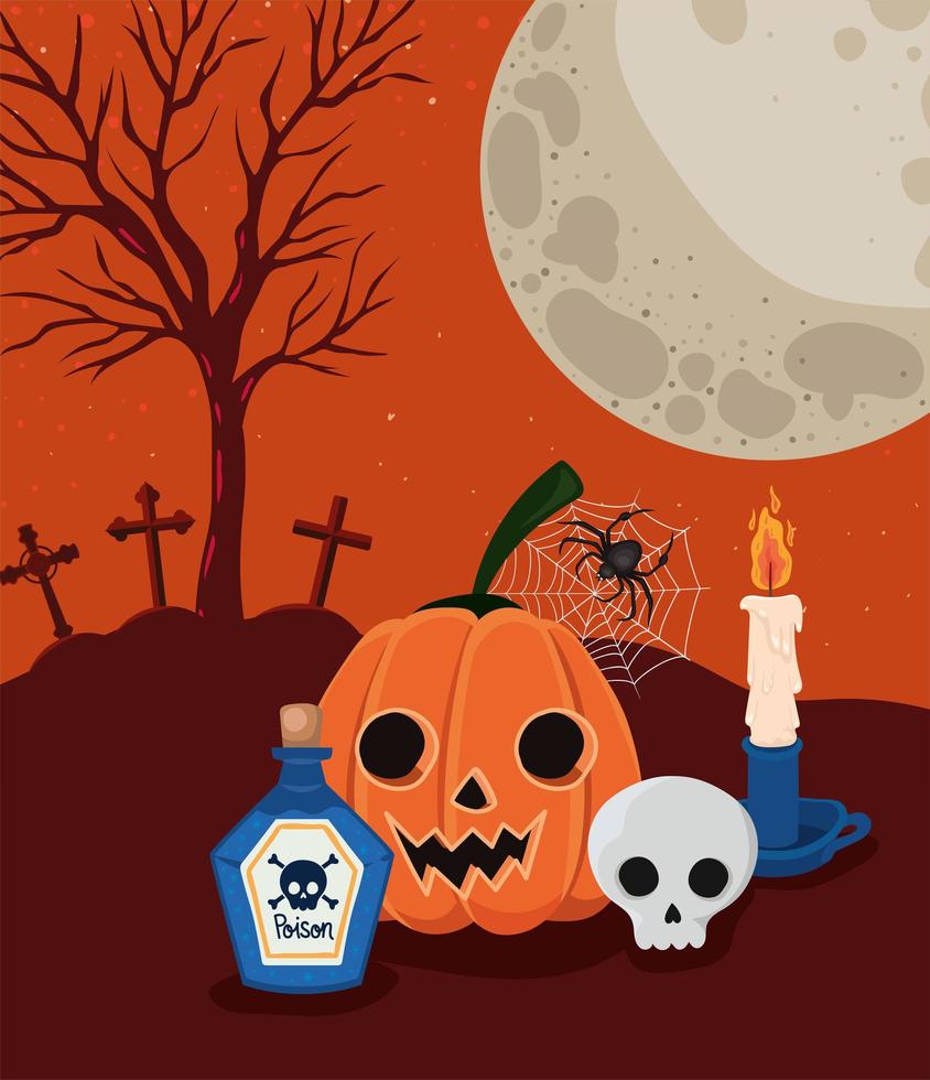 Halloween pumpkin and skull in front of cemetery vector design