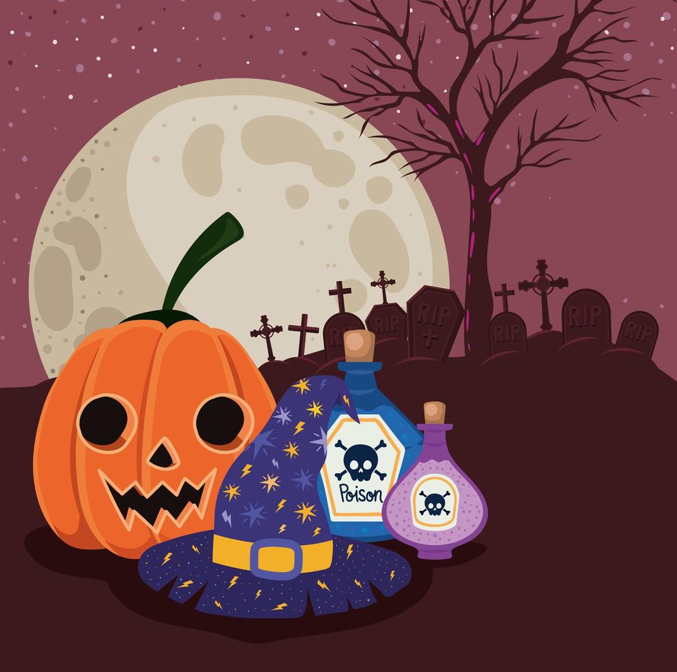 calabaza de halloween y venenos frente al diseño vectorial del cementerio vector