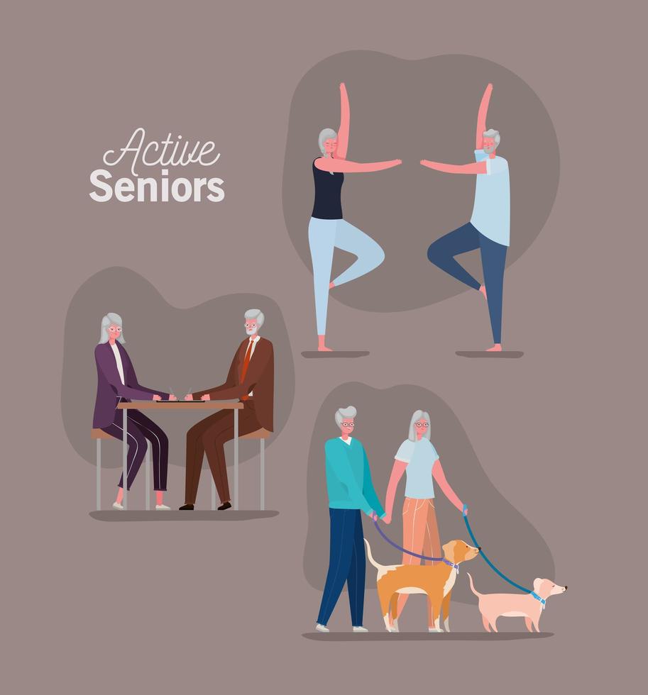 Active senior citizen couples doing activities vector