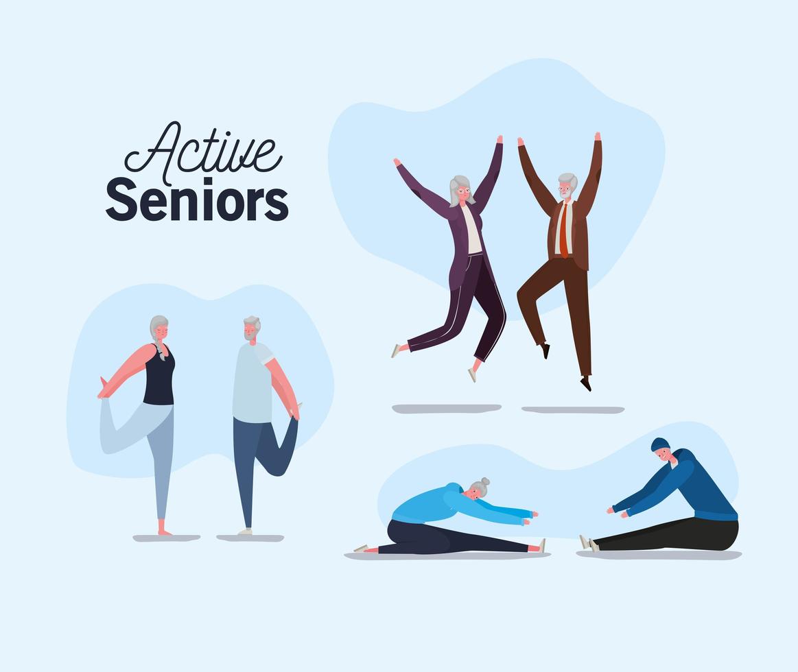 parejas de ancianos activos haciendo actividades. vector