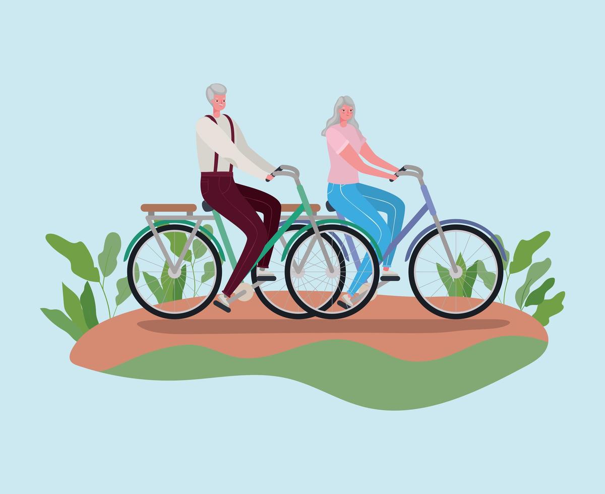 Senior citizen couple riding bikes vector design