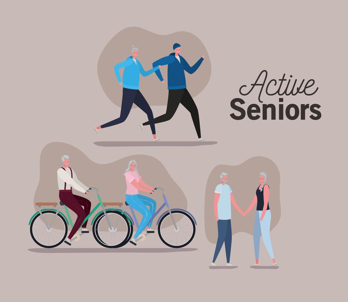 Active senior citizen couples doing activities vector