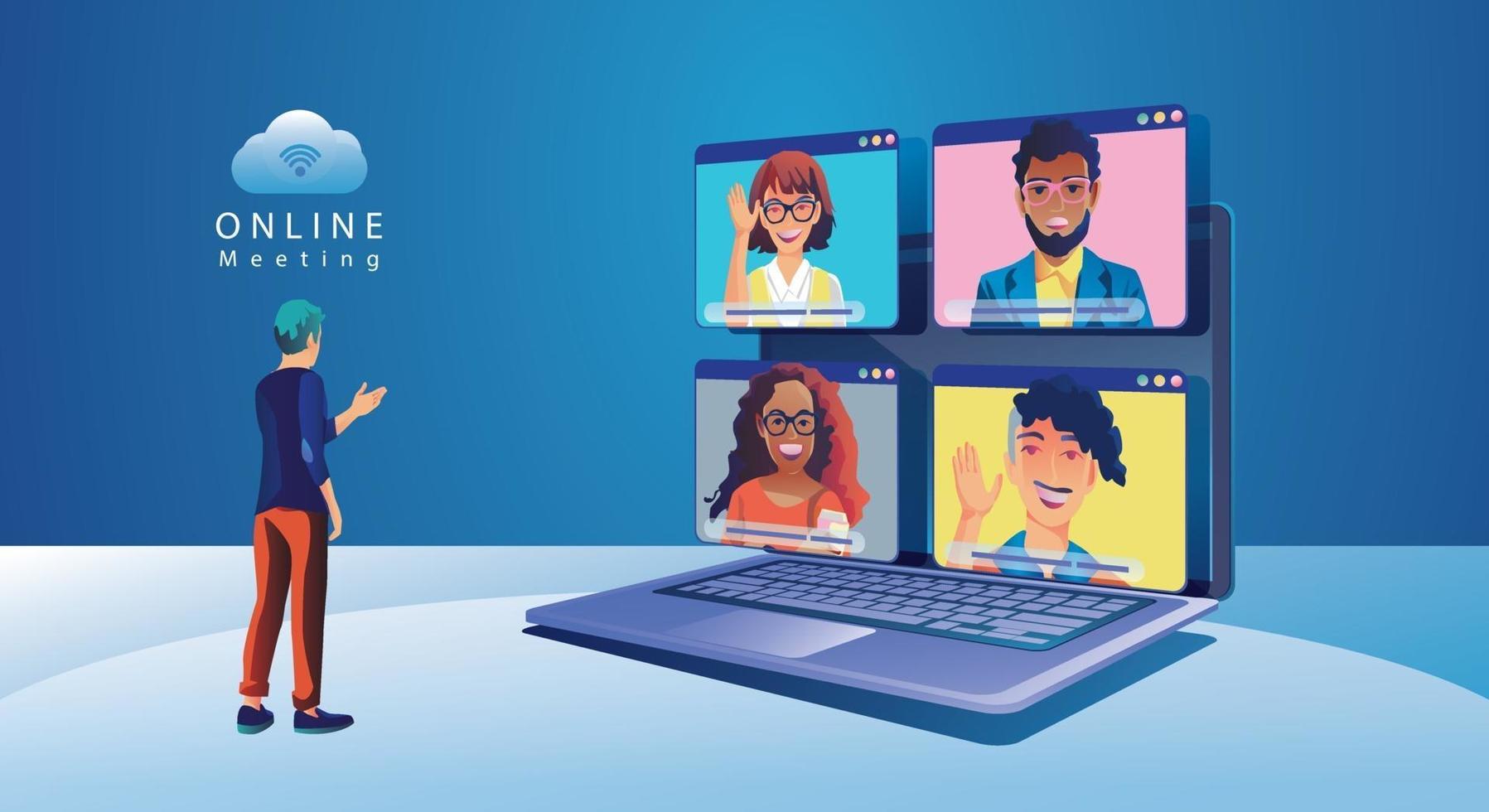 personas de eventos virtuales que utilizan videoconferencia, empresario que trabaja en la pantalla de la ventana con sus colegas. página de espacio de trabajo de videoconferencia y reunión en línea, vector de aprendizaje de hombres y mujeres, plano