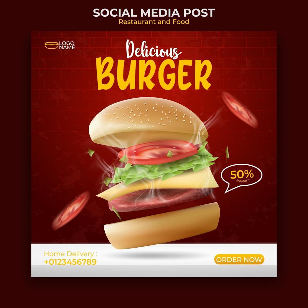 Publicación de redes sociales de banner de menú de comida y restaurante. plantilla de redes sociales editable para promoción. vector de ilustración con hamburguesa realista