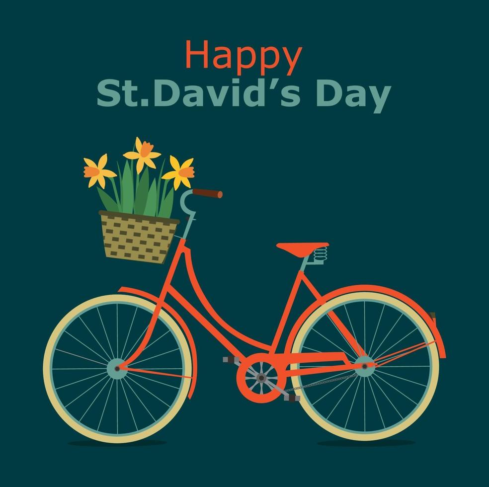 Happy St. David's Day card with bike and daffodils. Vector illustration.