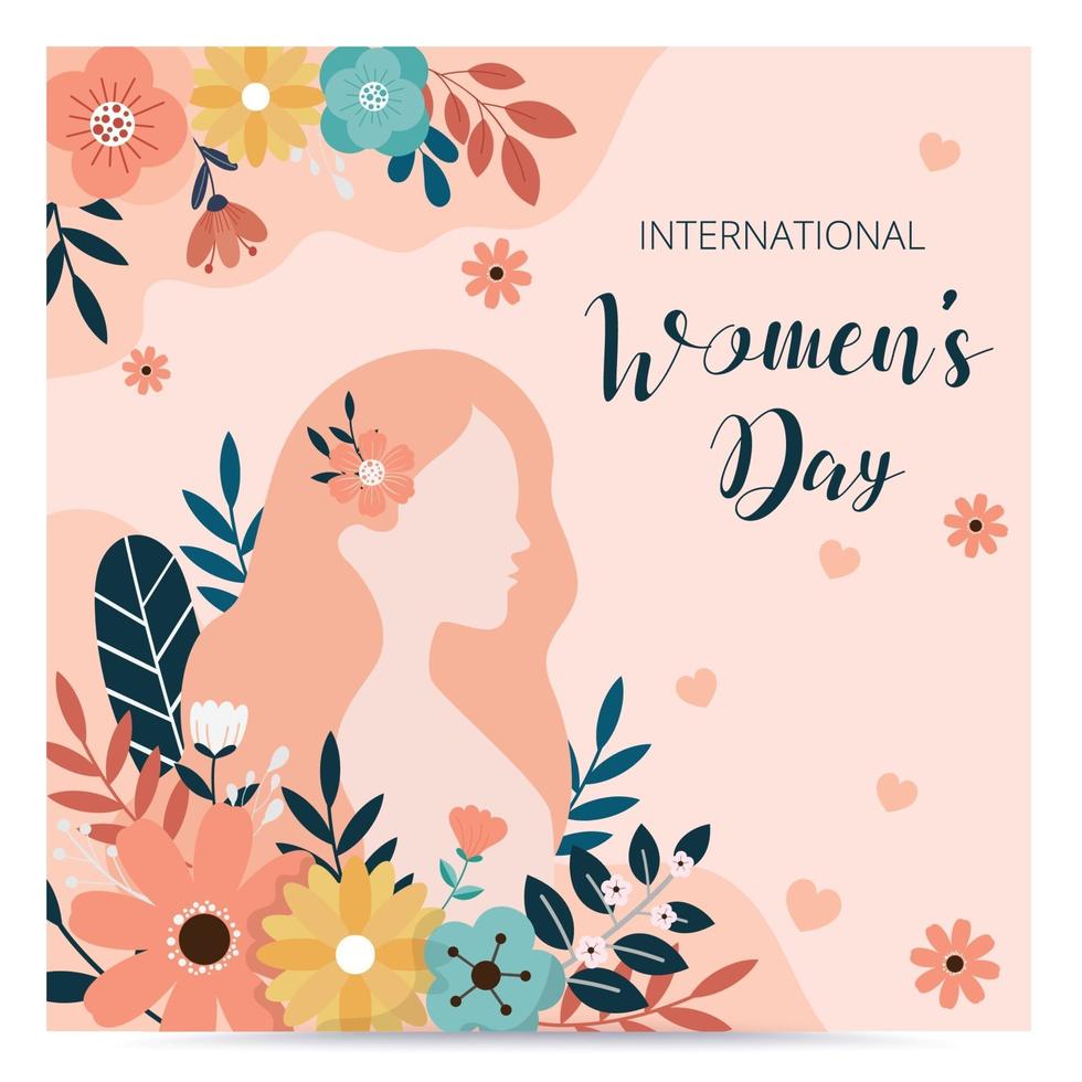 Fondo del día internacional de la mujer. plantilla de banner de venta. ilustración vectorial. niña con flores. vector