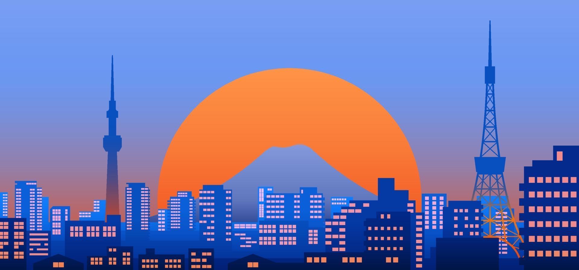 Vista de la ciudad de Tokio al atardecer o de noche con puesta de sol en el fondo, ilustración de vector de paisaje