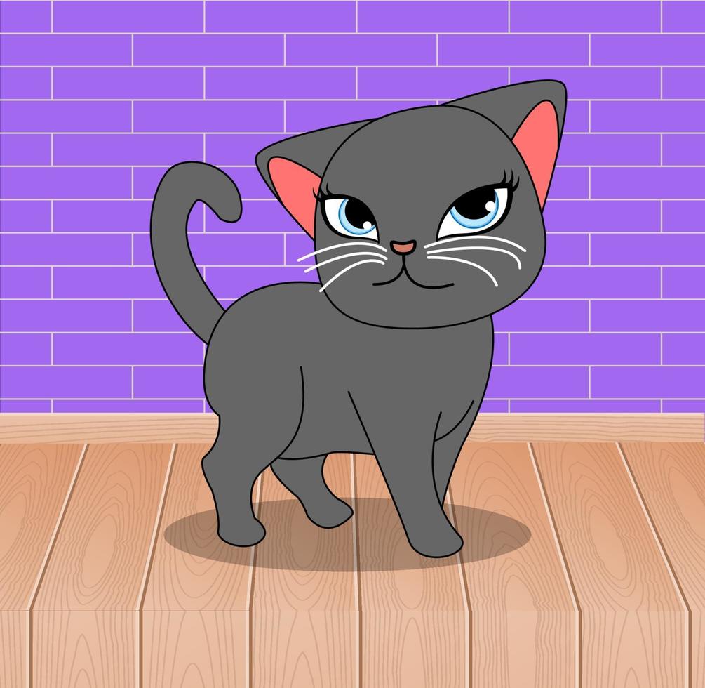 Black Cat in front of purple brick wall with wooden floor. Vector cartoon illustration.