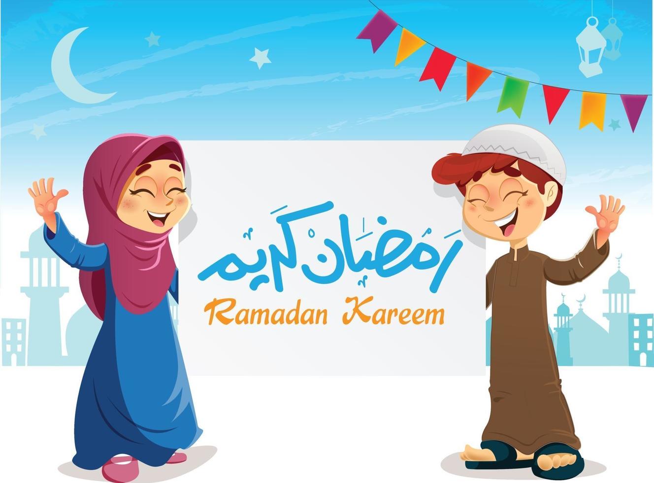 niños musulmanes jóvenes felices con banner de ramadan kareem celebrando el ramadán vector