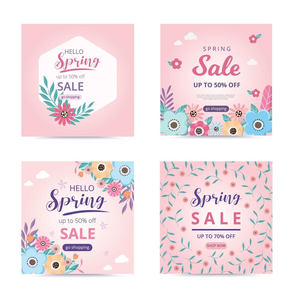 Collection spring sale template with blossom flowers beautiful. Sale banner. Spring sale social media post. vector