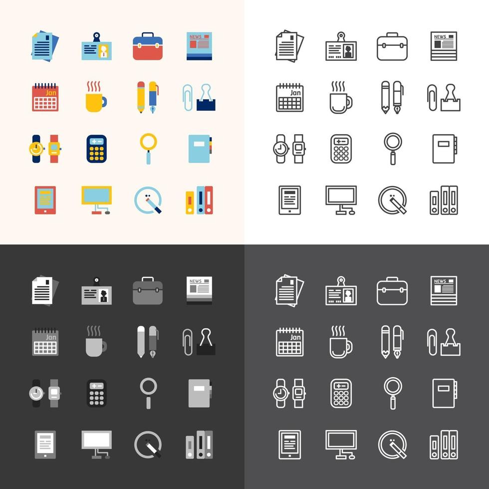 Vector conjunto de iconos planos de concepto de esquema de herramientas de oficina de negocios.