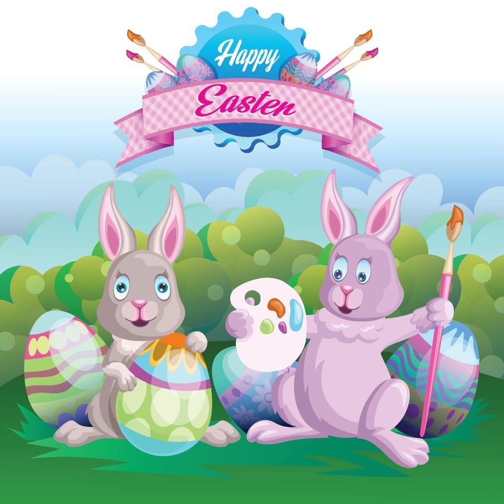 Easter Greetings with artist rabbits vector