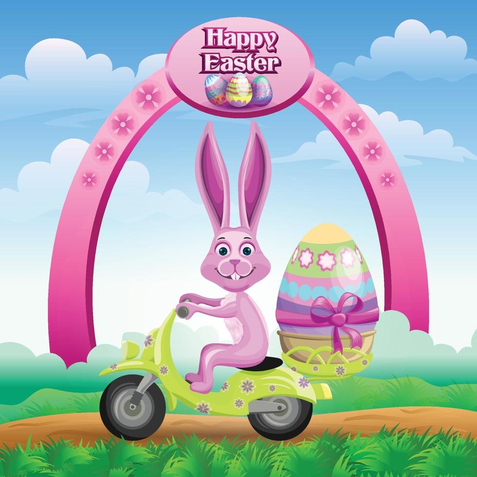 Easter greetings with bunny riding a scooter carrying a decorated egg vector