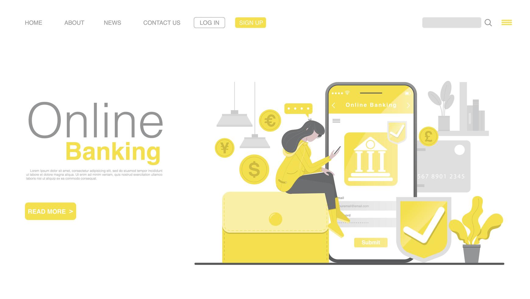 Online Banking and Mobile Payment. Landing page in Flat Style. vector