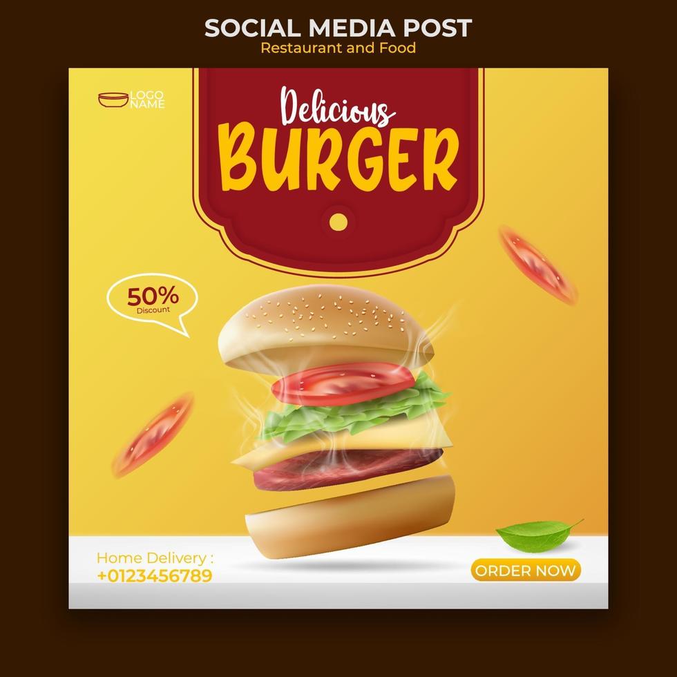 Publicación de redes sociales de banner de menú de comida y restaurante. plantilla de redes sociales editable para promoción. vector de ilustración con hamburguesa realista