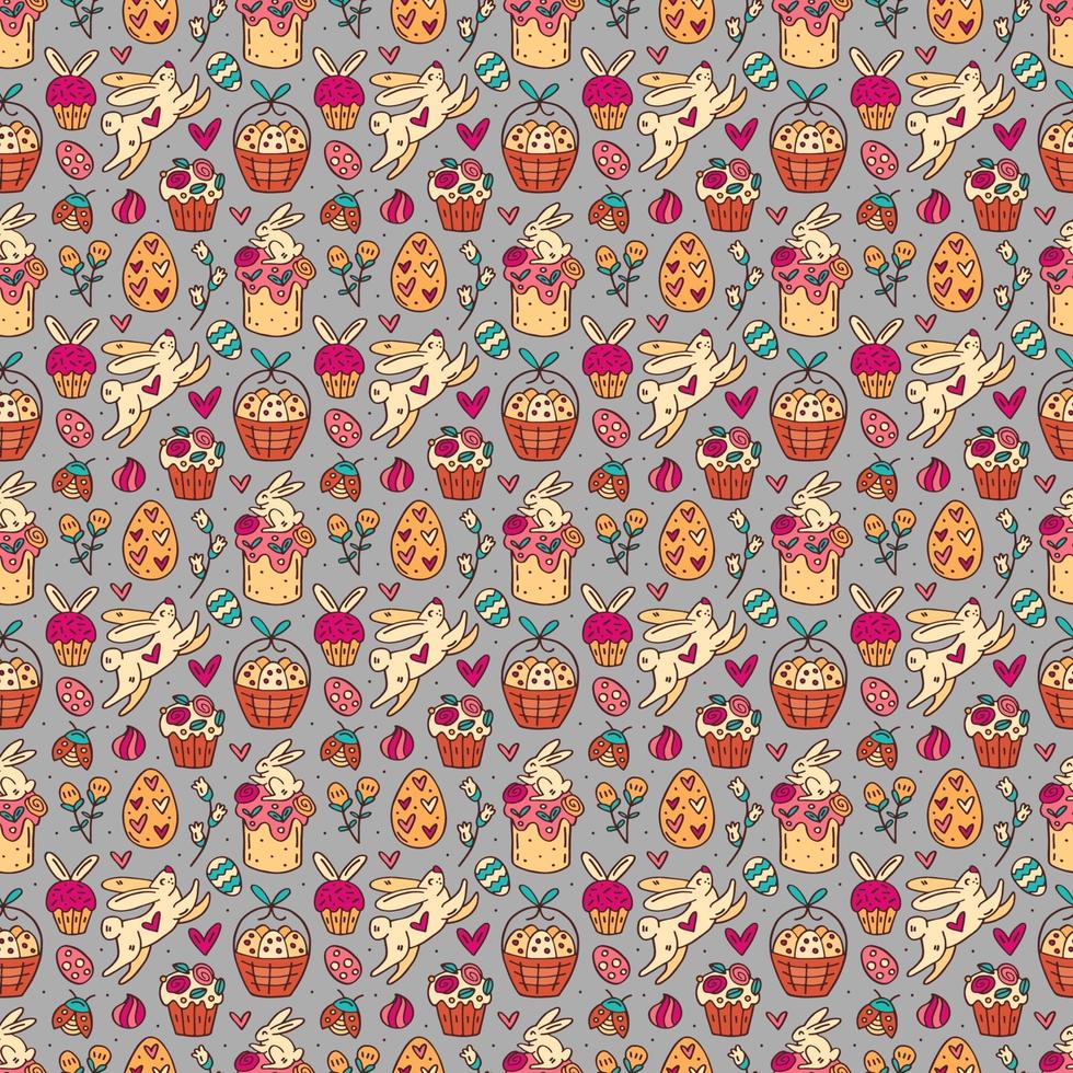 Easter holiday seamless pattern, texture, background. Rabbits, cakes, muffins, herbs, eggs in basket and hearts. Children packaging design, paper. Isolated on light grey backdrop. vector
