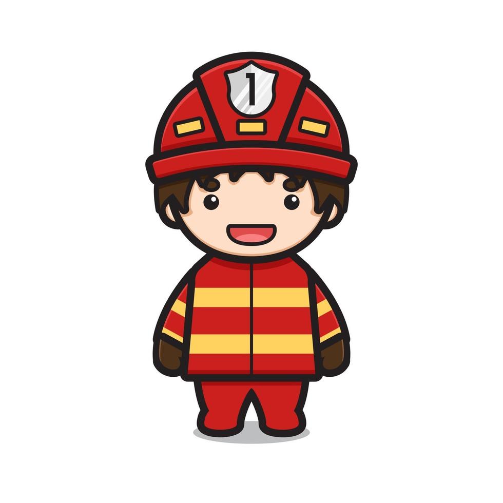 Cute fire fighter character wear full uniform cartoon vector icon illustration