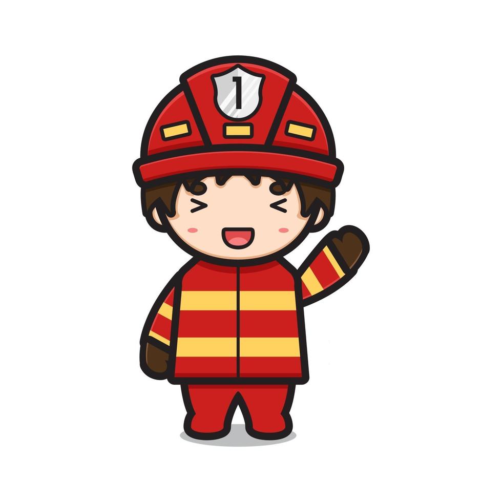 Lindo personaje de bombero agitando la mano ilustración de icono de vector de dibujos animados