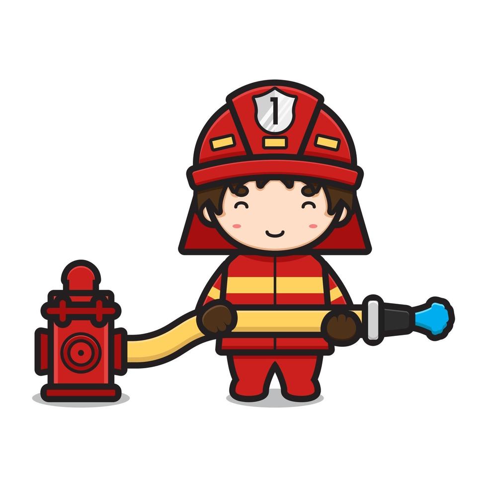 Cute fire fighter character spaying water from hydrant cartoon vector icon illustration
