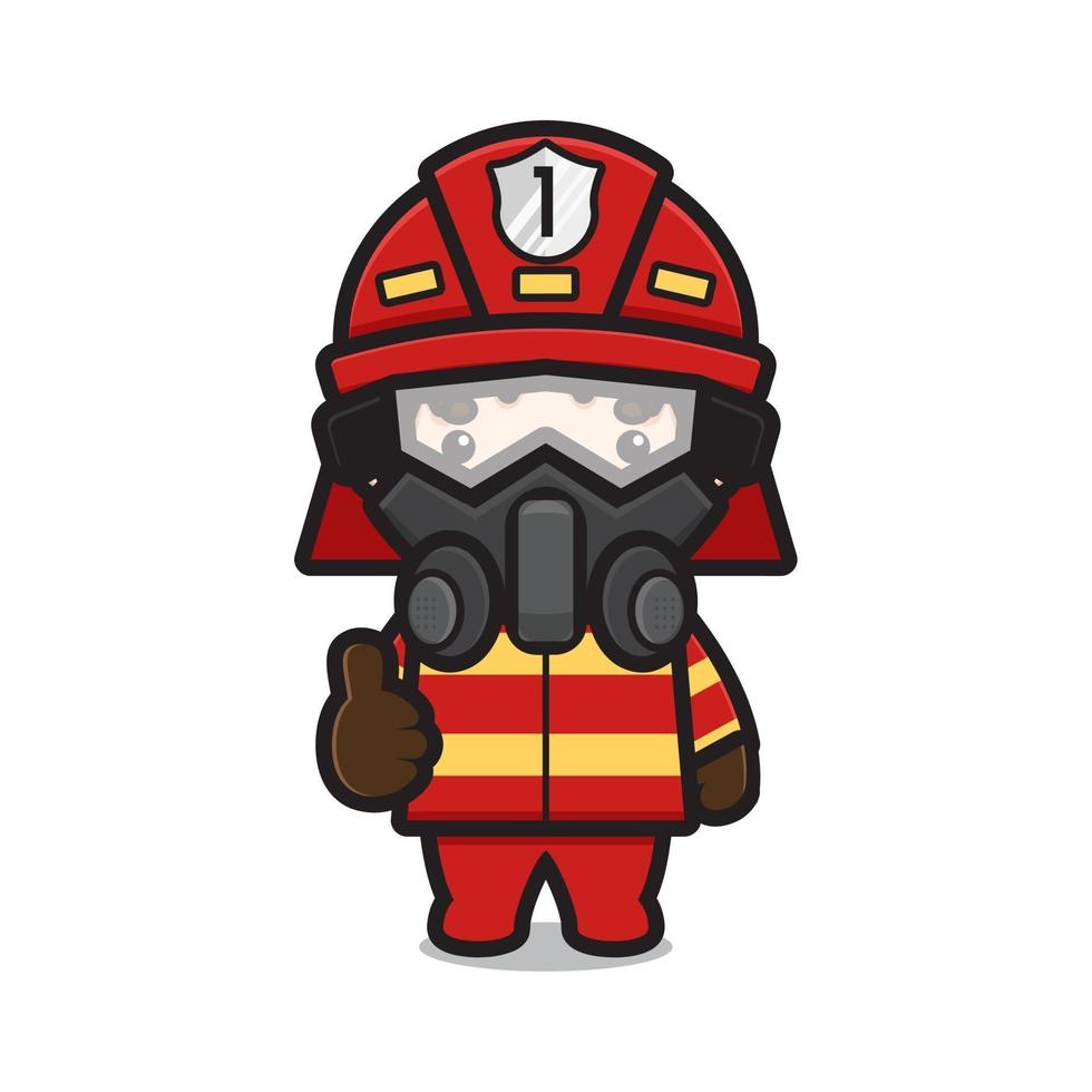 Lindo personaje de bombero con máscara y gafas con buena pose ilustración de icono de vector de dibujos animados