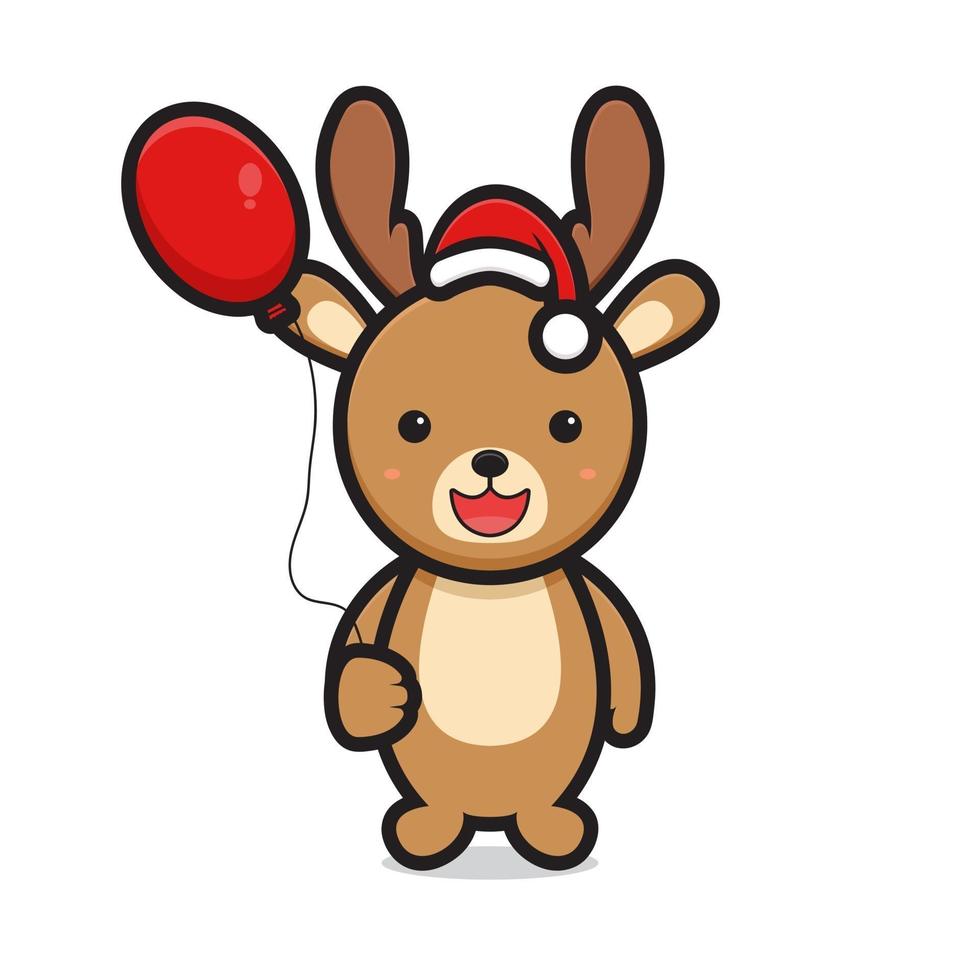 cute deer cartoon character wearing santa hat and holding balloon vector