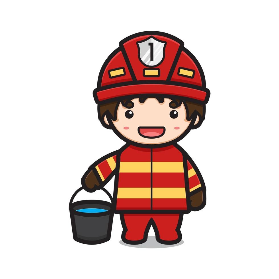 Lindo personaje de bombero sosteniendo un cubo con agua ilustración de icono de vector de dibujos animados