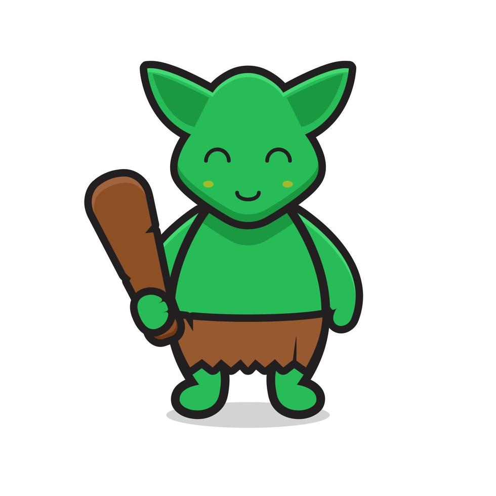 cute green goblin mascot character holding cudgel vector