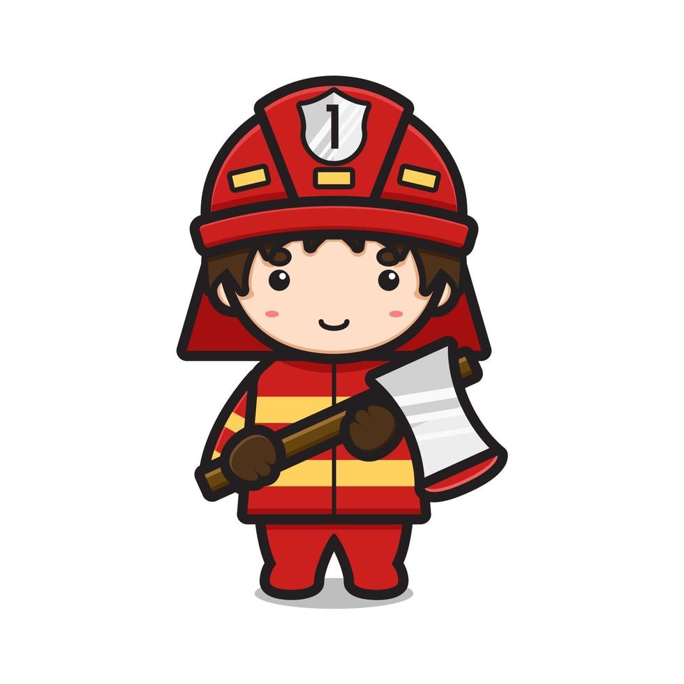 Cute fire fighter character holding ax cartoon vector icon illustration