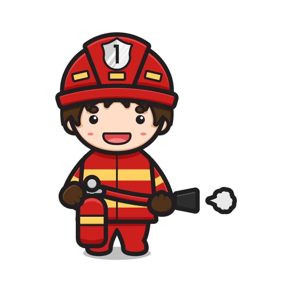 Cute fire fighter holding fire extinguisher character cartoon vector icon illustration