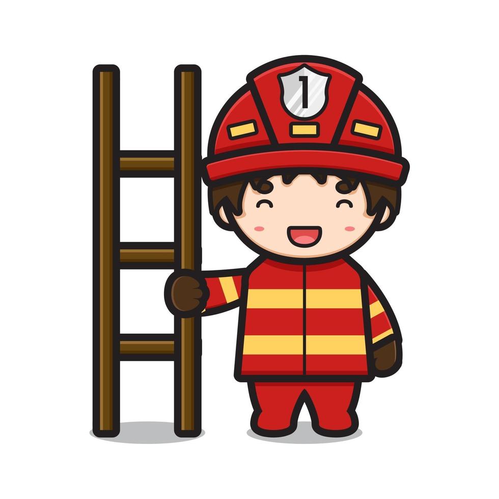 Lindo bombero sosteniendo escaleras de madera personaje de dibujos animados vector icono ilustración