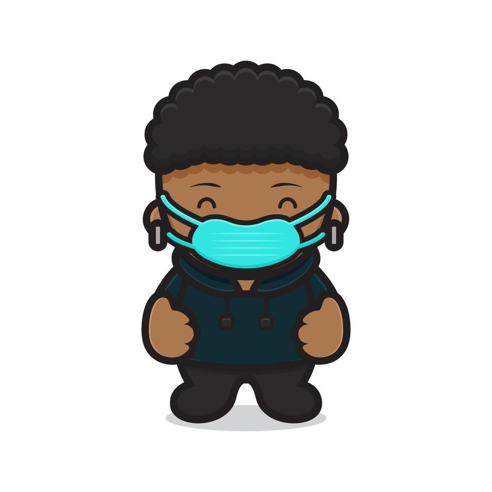 cute boy wearing hoodie and mask with good pose vector