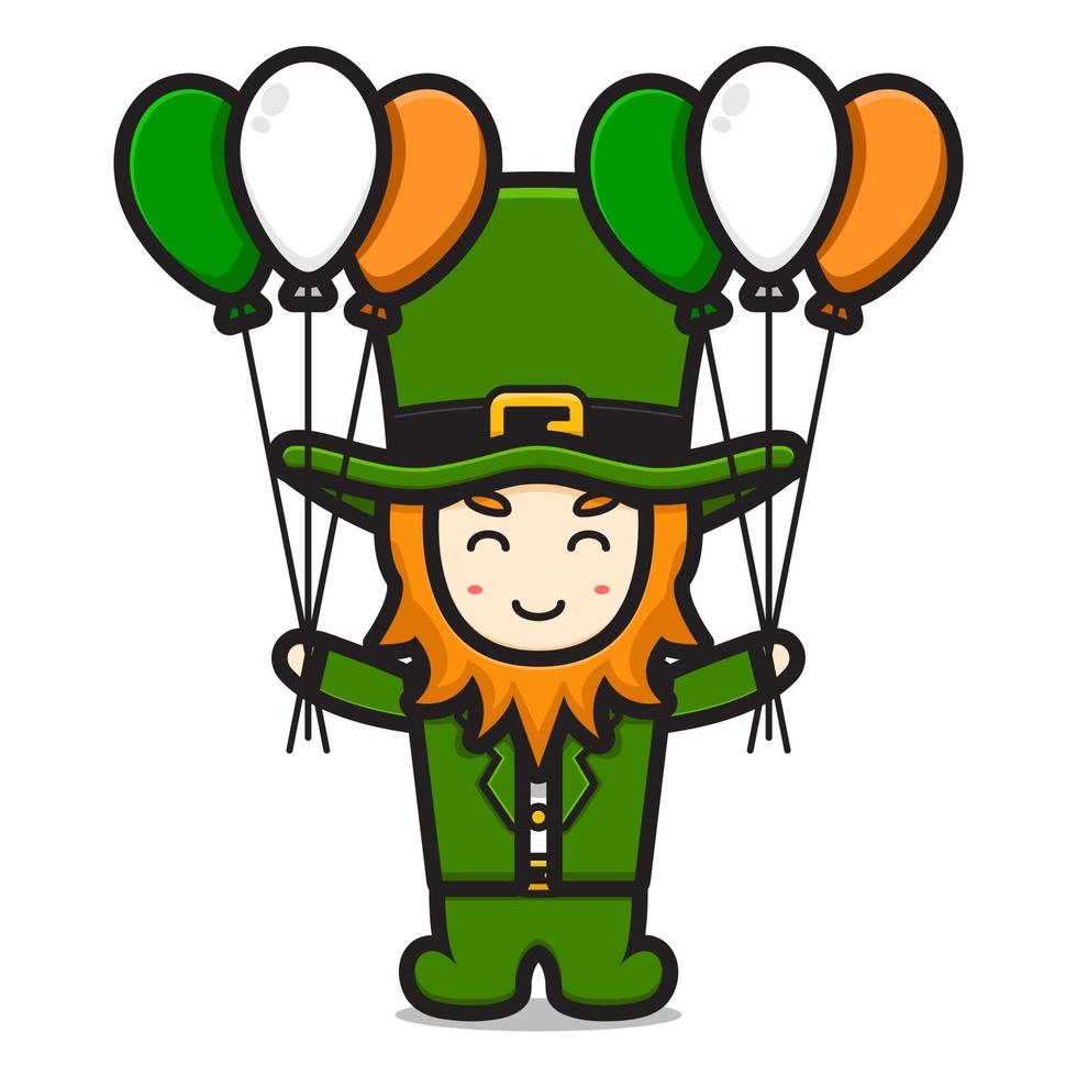 Lindo duende personaje del día de San Patricio con globo ilustración de icono de vector de dibujos animados