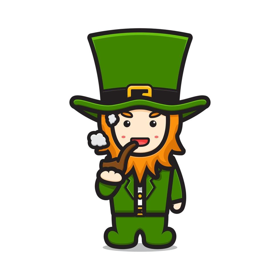 lindo duende día de san patricio personaje pipa fumar dibujos animados vector icono ilustración