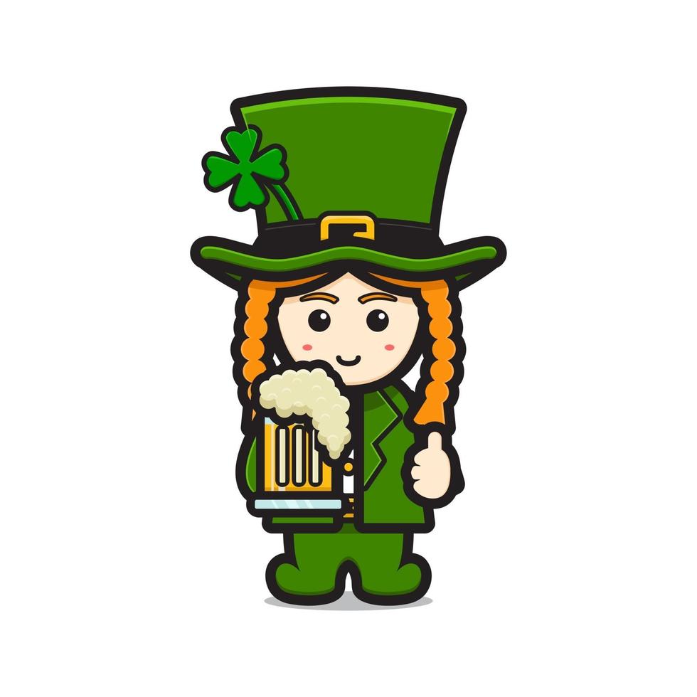 lindo duende personaje del día de san patricio con cerveza ilustración de icono de vector de dibujos animados