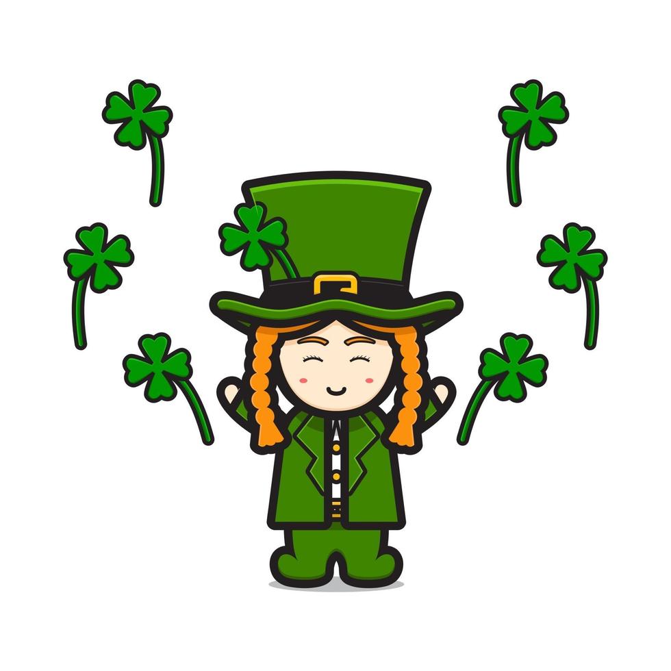 Cute leprechaun saint patrick day character celebrate with clover cartoon vector icon illustration