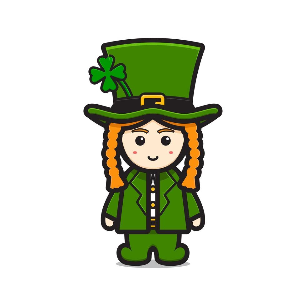 Cute leprechaun saint patrick day character with clover cartoon vector icon illustration