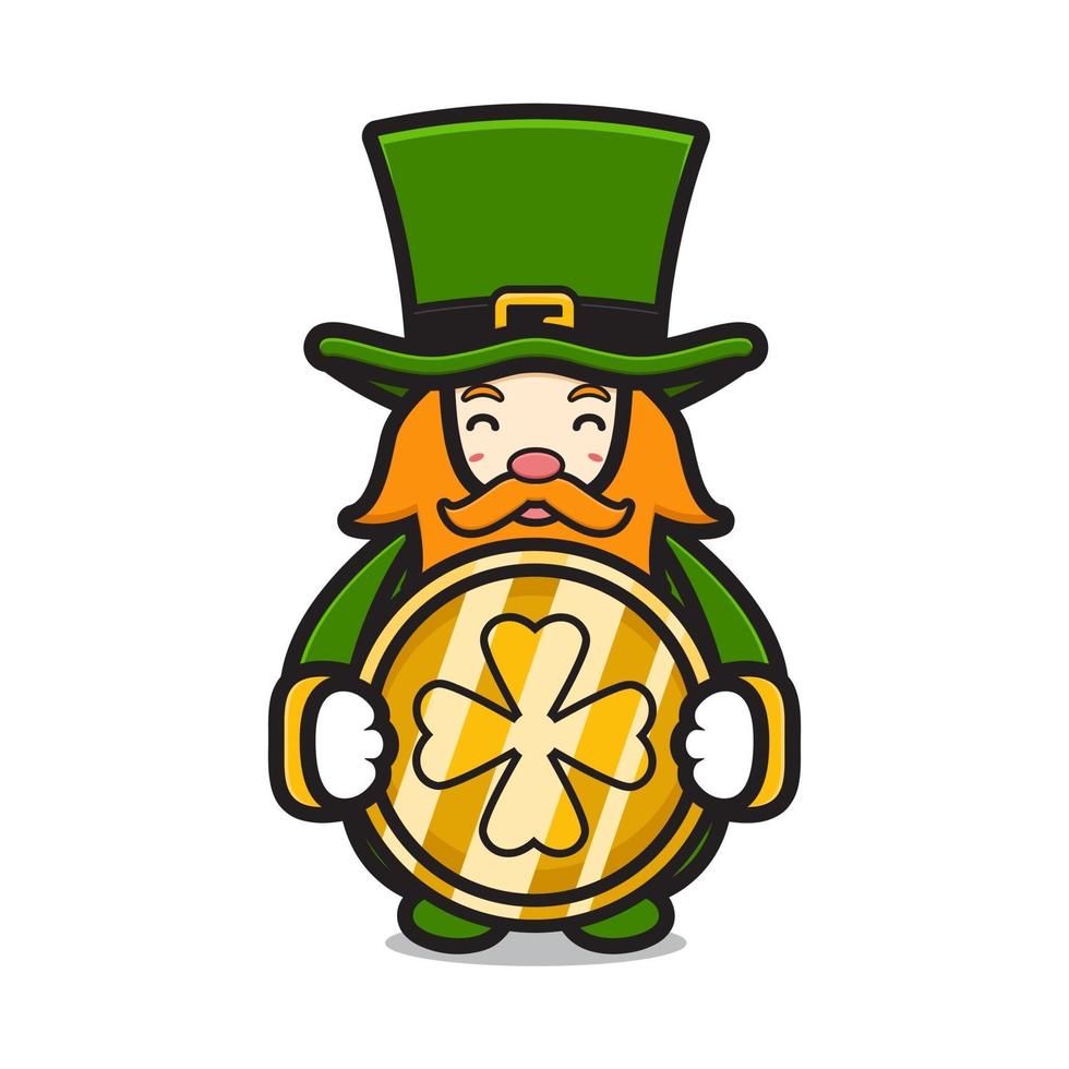 Cute leprechaun saint patrick day character holding clover coin cartoon vector icon illustration
