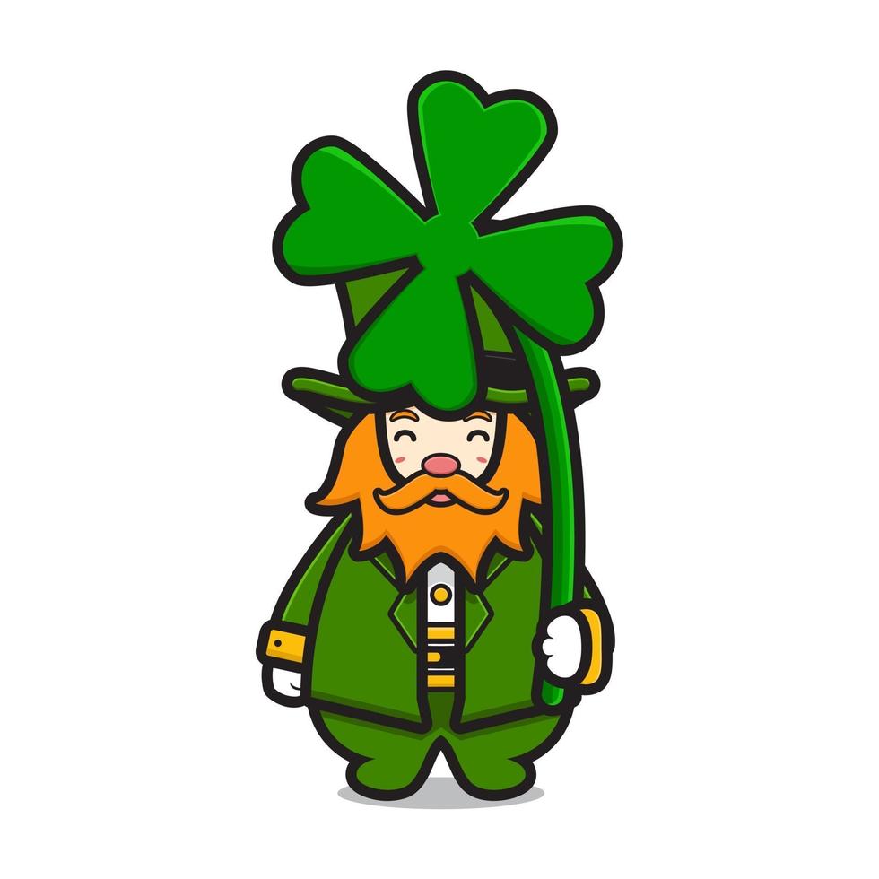 Cute leprechaun saint patrick day character holding clover cartoon vector icon illustration