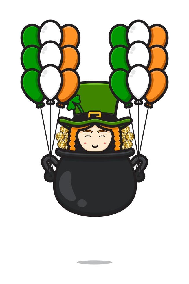 Cute leprechaun saint patrick day character flying with balloon cartoon vector icon illustration