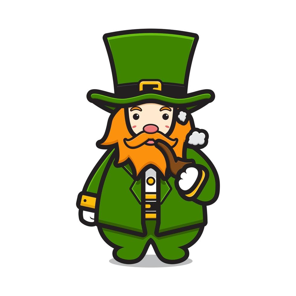 Cute leprechaun saint patrick day character pipe smoking cartoon vector icon illustration