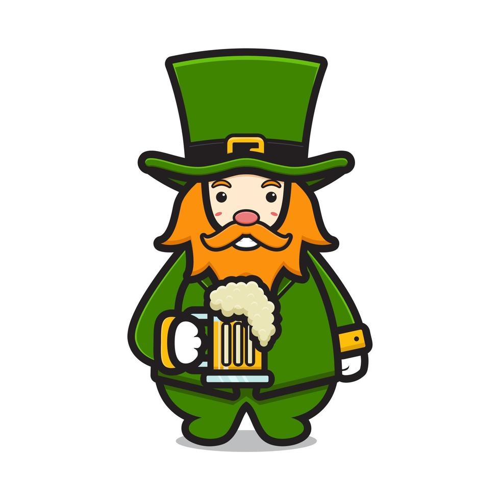 Cute leprechaun saint patrick day character holding beer cartoon vector icon illustration