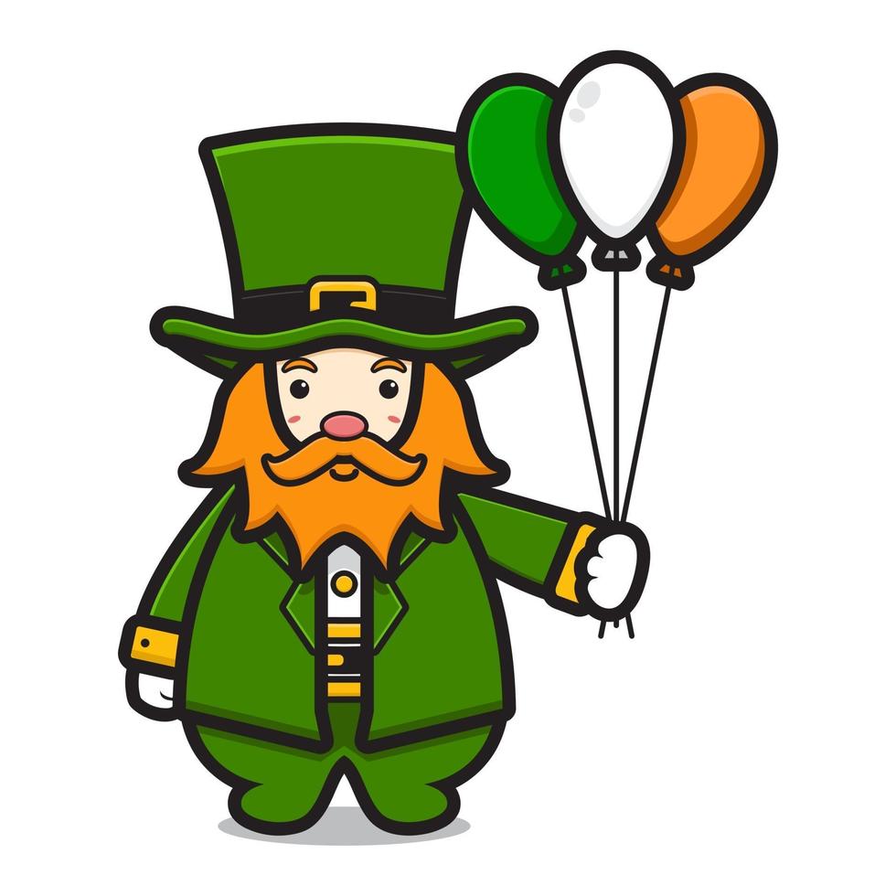 Cute leprechaun saint patrick day character holding balloon cartoon vector icon illustration