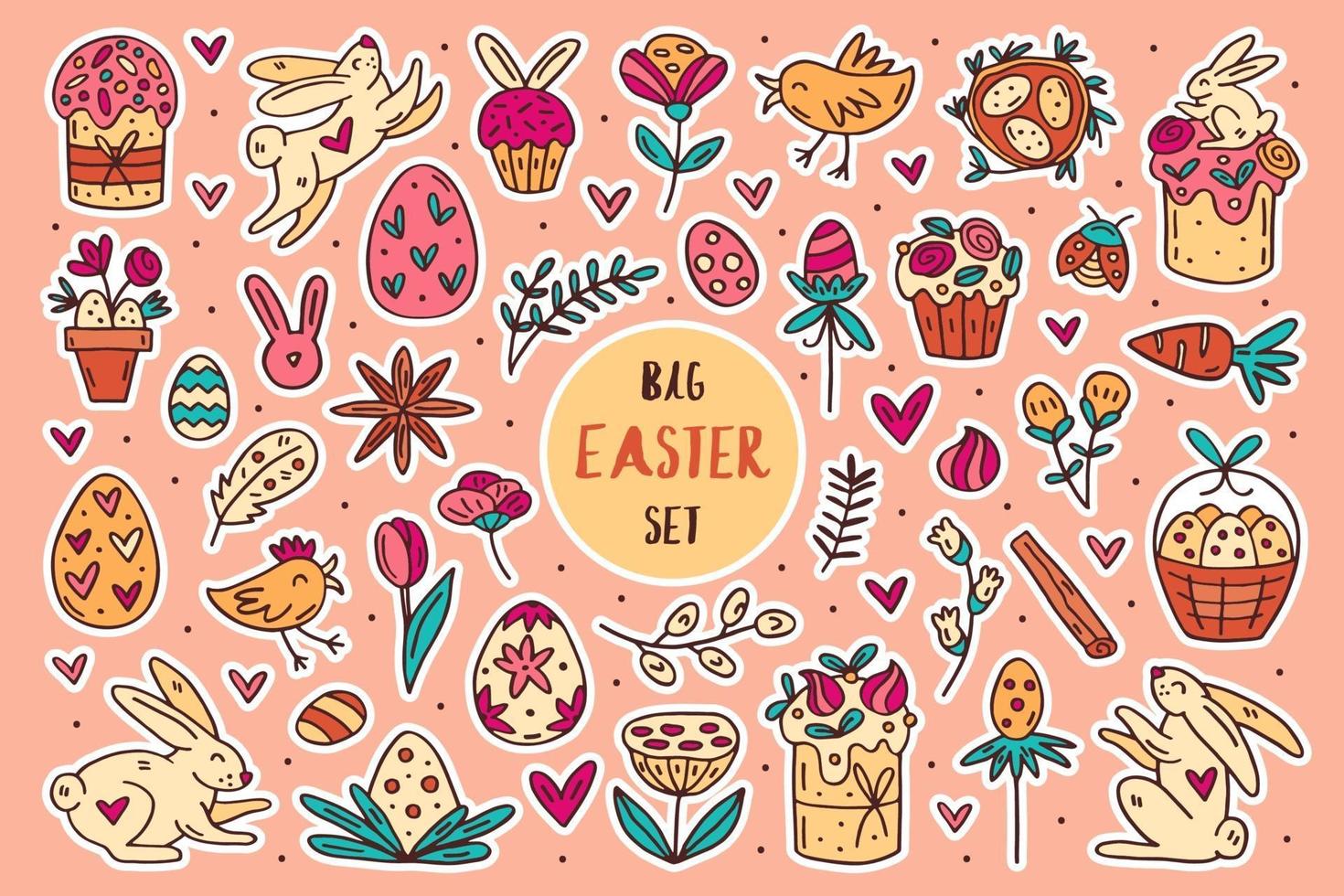Pascua doodle conjunto de elementos vectoriales dibujados a mano, imágenes prediseñadas, pegatinas. diseño de arte lineal. aislado en el fondo. tortas de pascua, conejos, muffins, plantas, huevos, especias, flores. vector