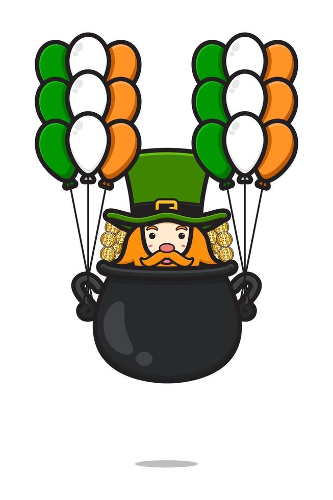 lindo duende personaje del día de san patricio volando con globo ilustración de icono de vector de dibujos animados