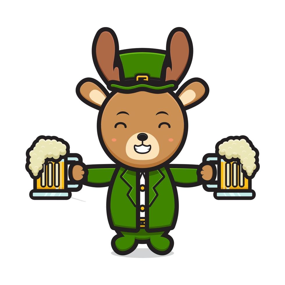 Cute deer leprechaun saint patrick day character holding beer cartoon vector icon illustration