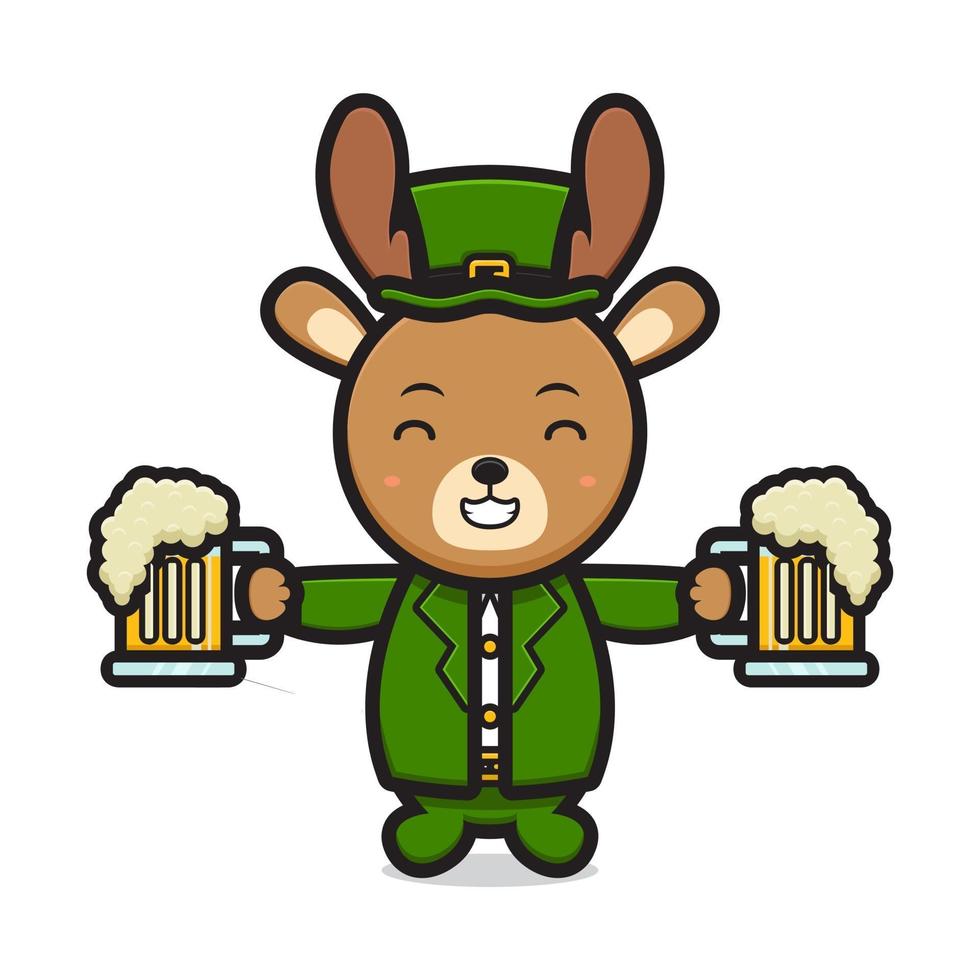 Cute deer leprechaun saint patrick day character holding beer cartoon vector icon illustration