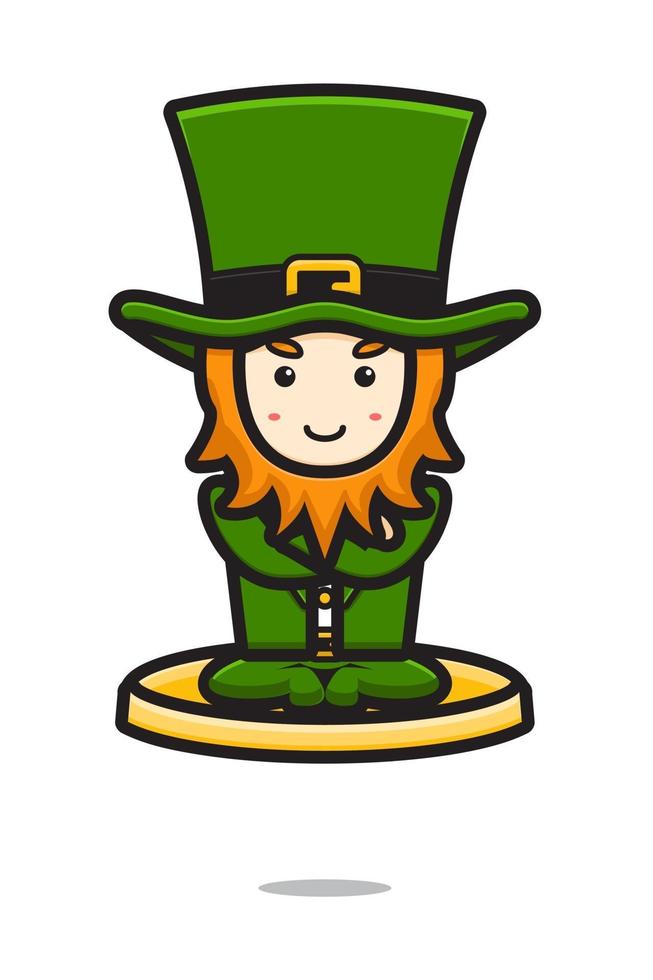 Cute leprechaun saint patrick day character flying with gold coin cartoon vector icon illustration